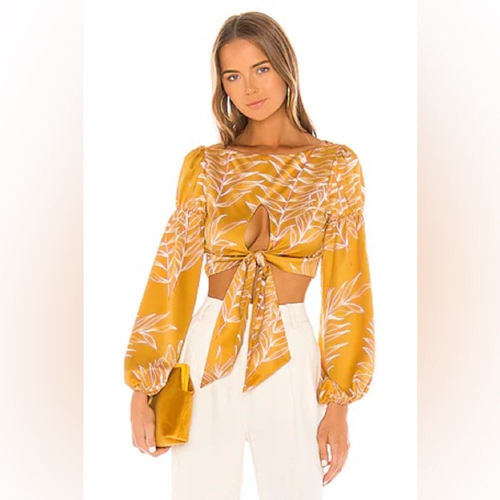 Camila Coelho Marcia Crop Top Gold Tropical Puff Sleeve Resort Glam Blouse, sz S